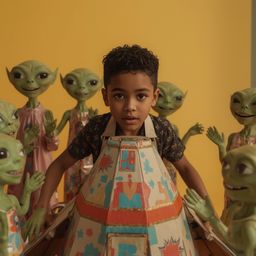 A captivating image in the style of Pixar depicts a stylish boy with unique facial features constructing a meticulously craft