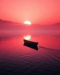 Surreal infrared tones depict a boat drifting on a sunset lake, creating a profoundly otherworldly appearance. The scene is e