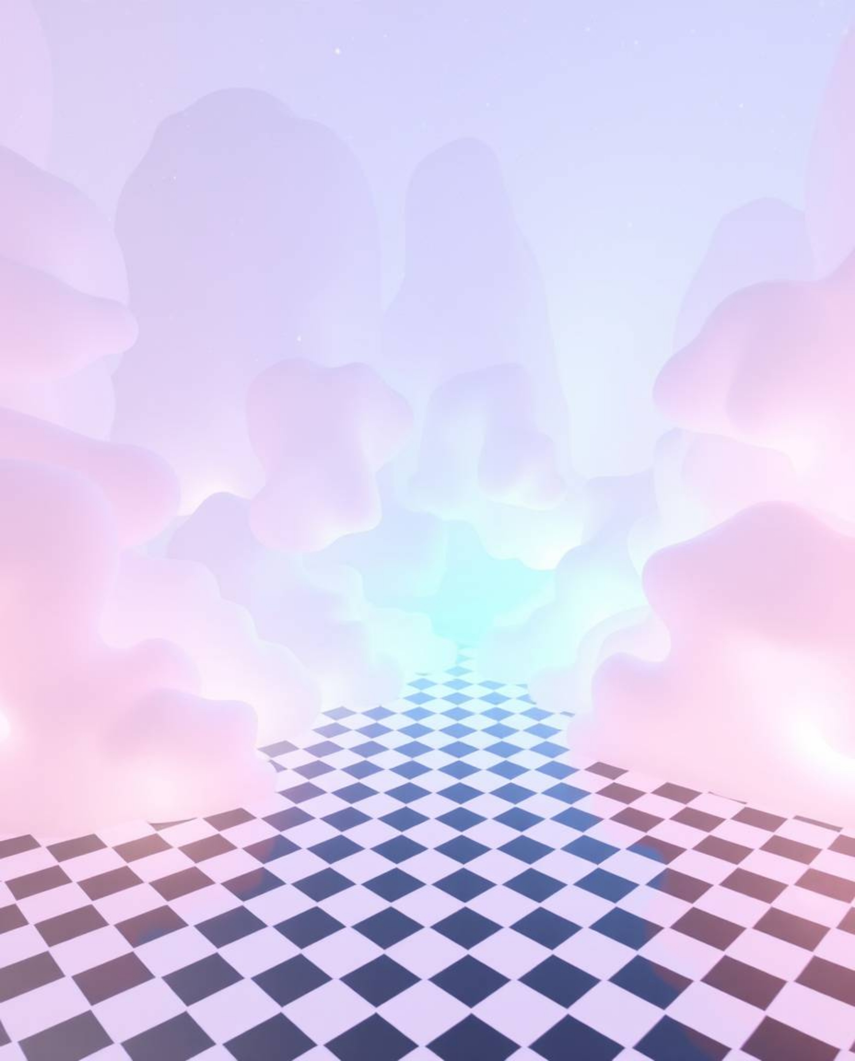 Immerse yourself in an ethereal scene rendered in soft pastel colors, featuring a striking black and white geometric pattern 