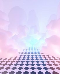Immerse yourself in an ethereal scene rendered in soft pastel colors, featuring a striking black and white geometric pattern 