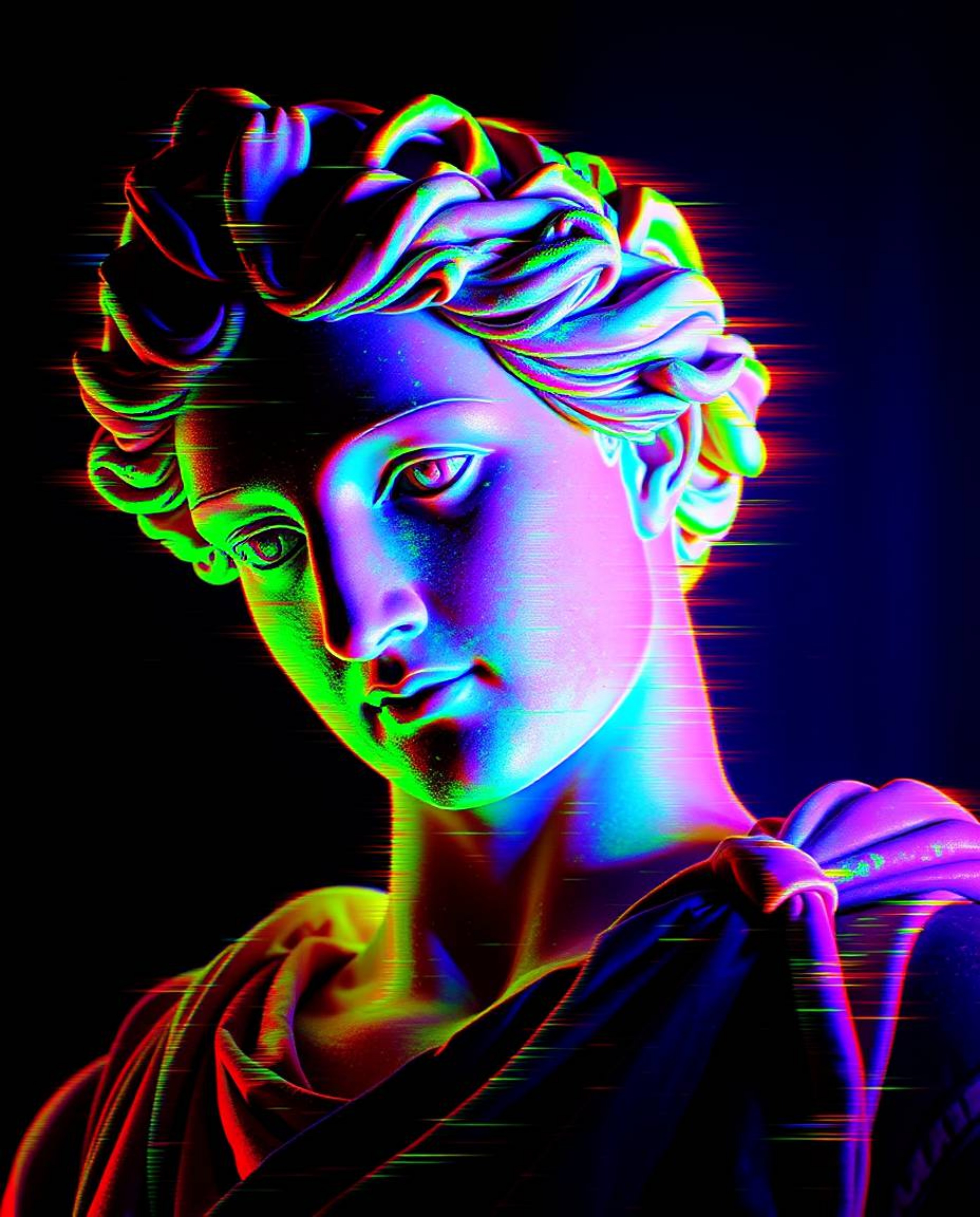 A digitally corrupted classical sculpture, rendered with a vibrant and mesmerizing glitch effect. Bioluminescent colors and d