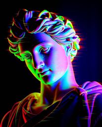 A digitally corrupted classical sculpture, rendered with a vibrant and mesmerizing glitch effect. Bioluminescent colors and d