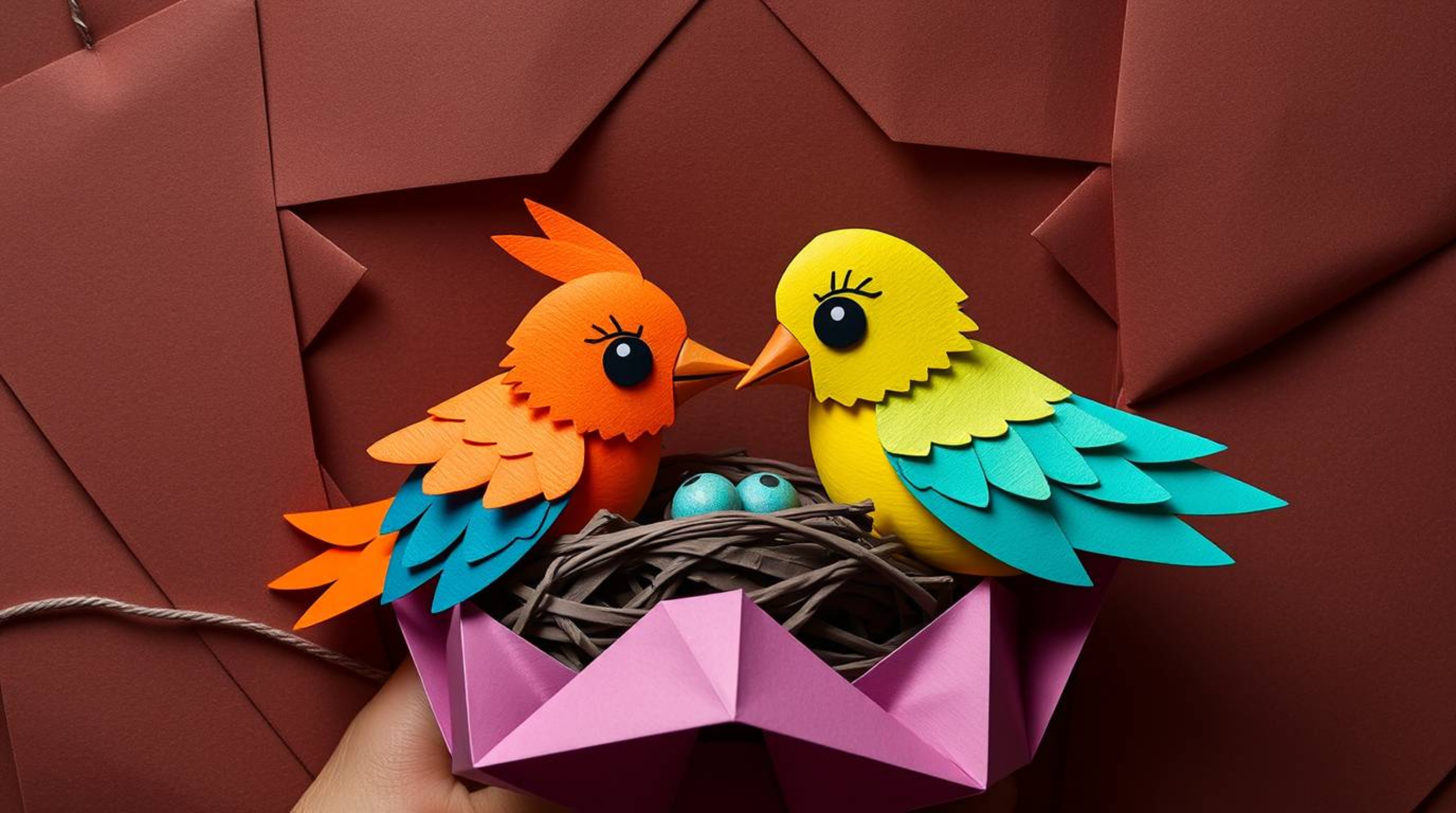 Explore a captivating blend of vibrant complementary colors and intricate origami style in this unsettling yet fascinating sc