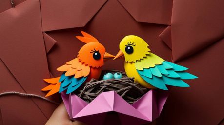 Explore a captivating blend of vibrant complementary colors and intricate origami style in this unsettling yet fascinating sc