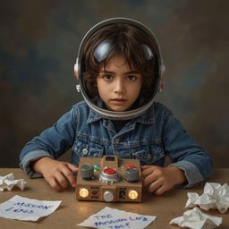 This exquisite high fashion photography captures a young boy with messy brown hair and bright, curious eyes, lost in his imag