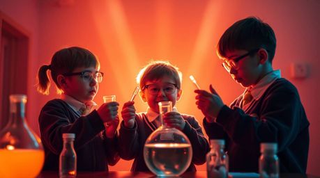 A captivating fine art photograph showcasing quirky children in school uniforms conducting science experiments.  Soft contras