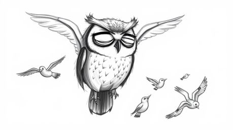 A Pixar-inspired hand-drawn sketch depicting a blind owl with expressive, closed eyes, guiding a flock of birds in flight. Th