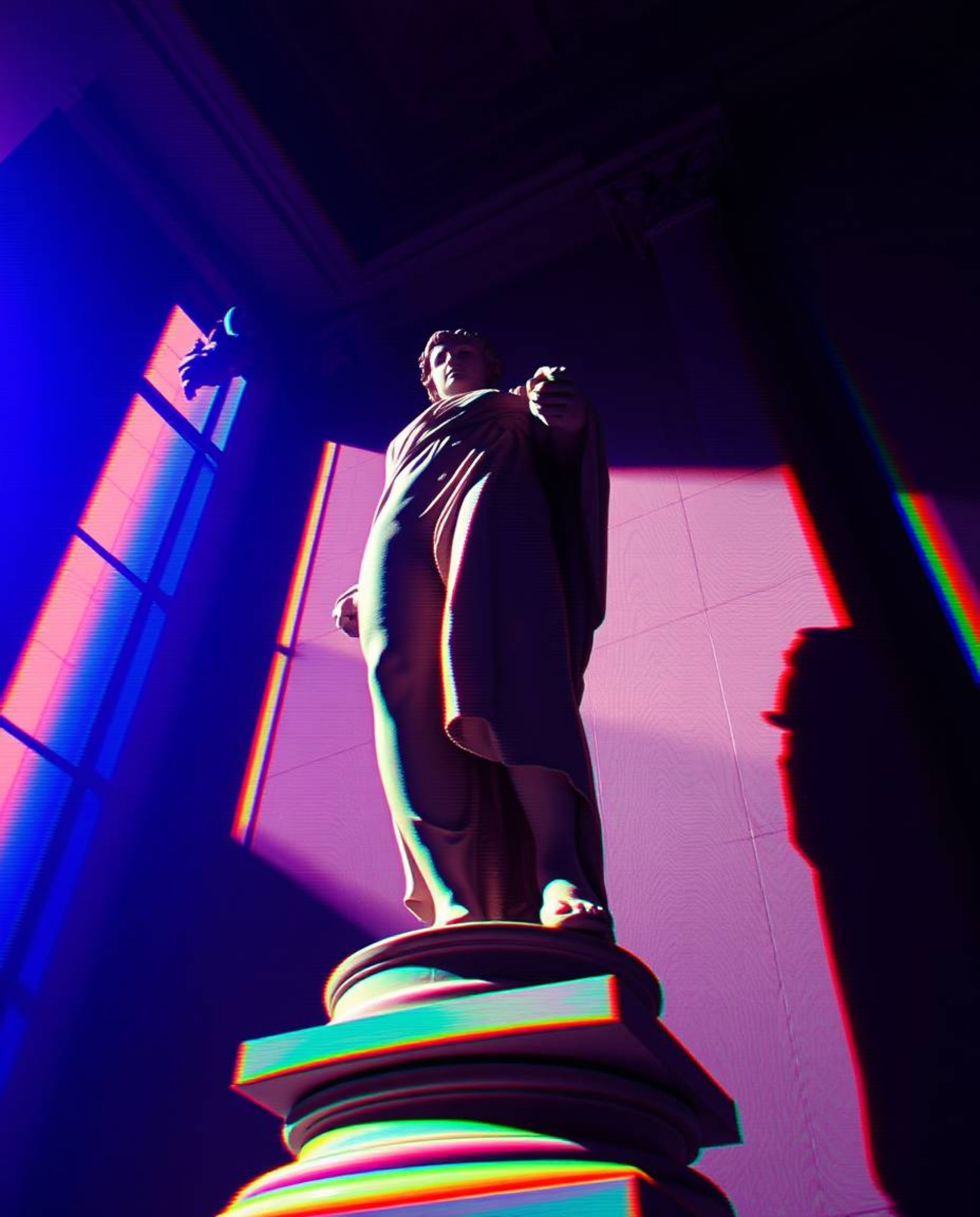 This artwork presents a captivating low-angle view of a classical sculpture, dramatically illuminated by strong, hard light c