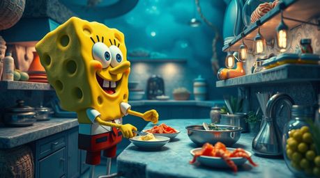 A high-resolution stock photo showcasing a sponge character skillfully preparing food in a meticulously detailed underwater k