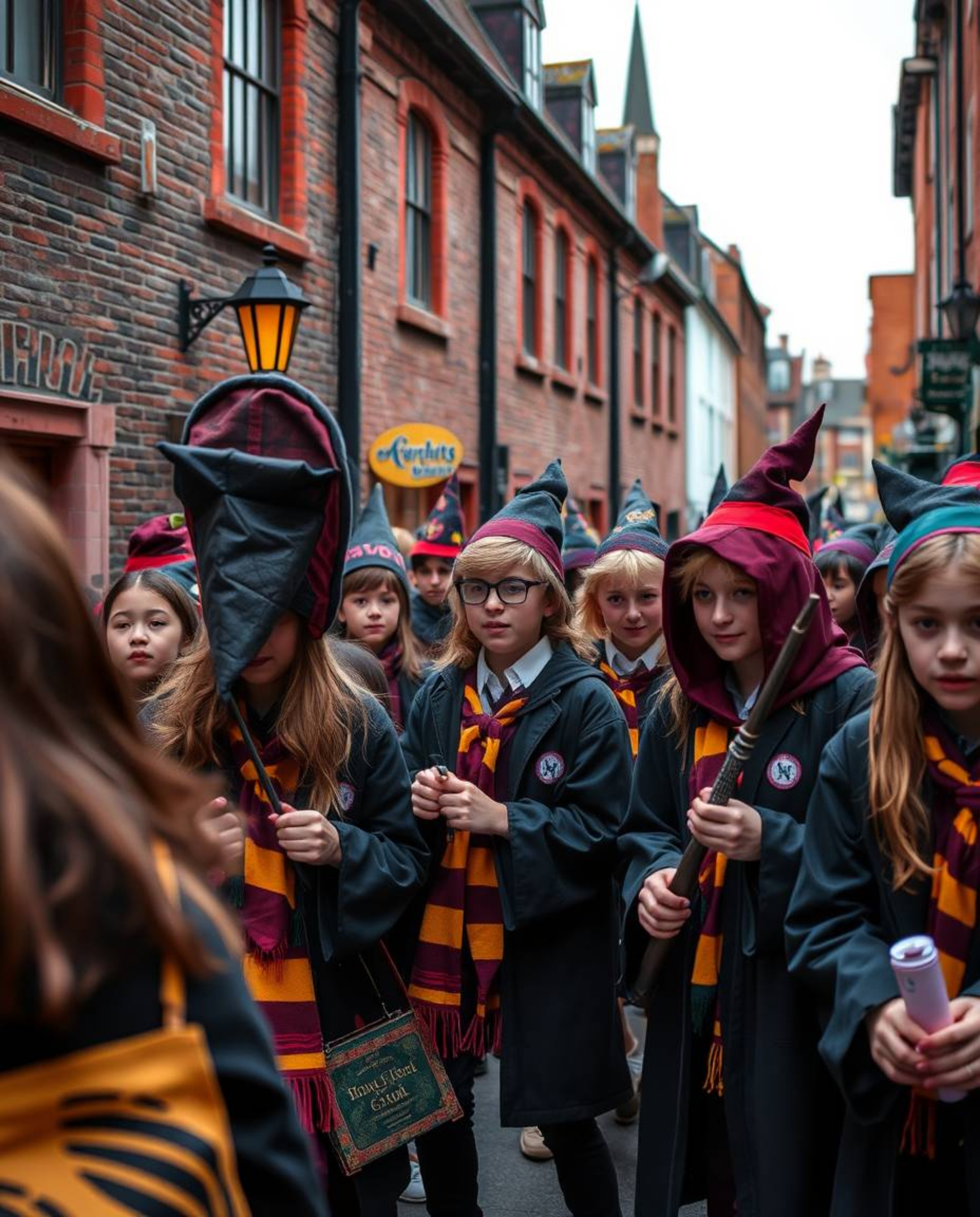 Experience captivating candid street photography capturing the vibrant energy of a magical school filled with young wizards. 