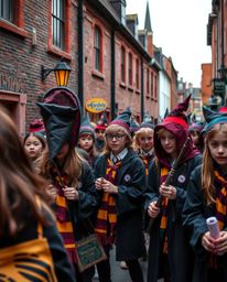 Experience captivating candid street photography capturing the vibrant energy of a magical school filled with young wizards. 
