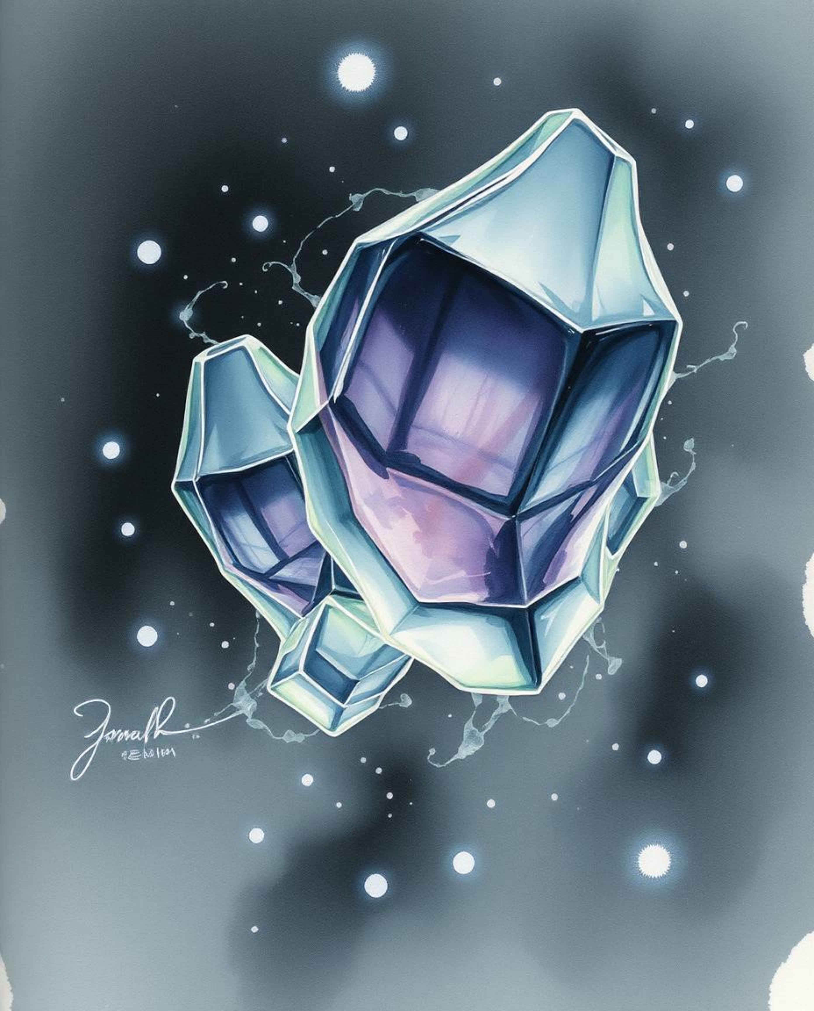 This eerie and creepy watercolor painting features glassy, fluid 3D shapes in motion, beautifully surrounded by glowing parti