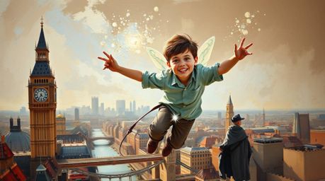 A vibrant acrylic painting depicts a young boy soaring above London, sprinkled with pixie dust.  The artwork features natural