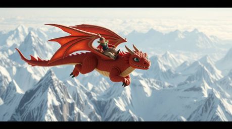 A captivating architectural color photograph depicts a charming dragon and its adorable rider soaring above majestic icy moun