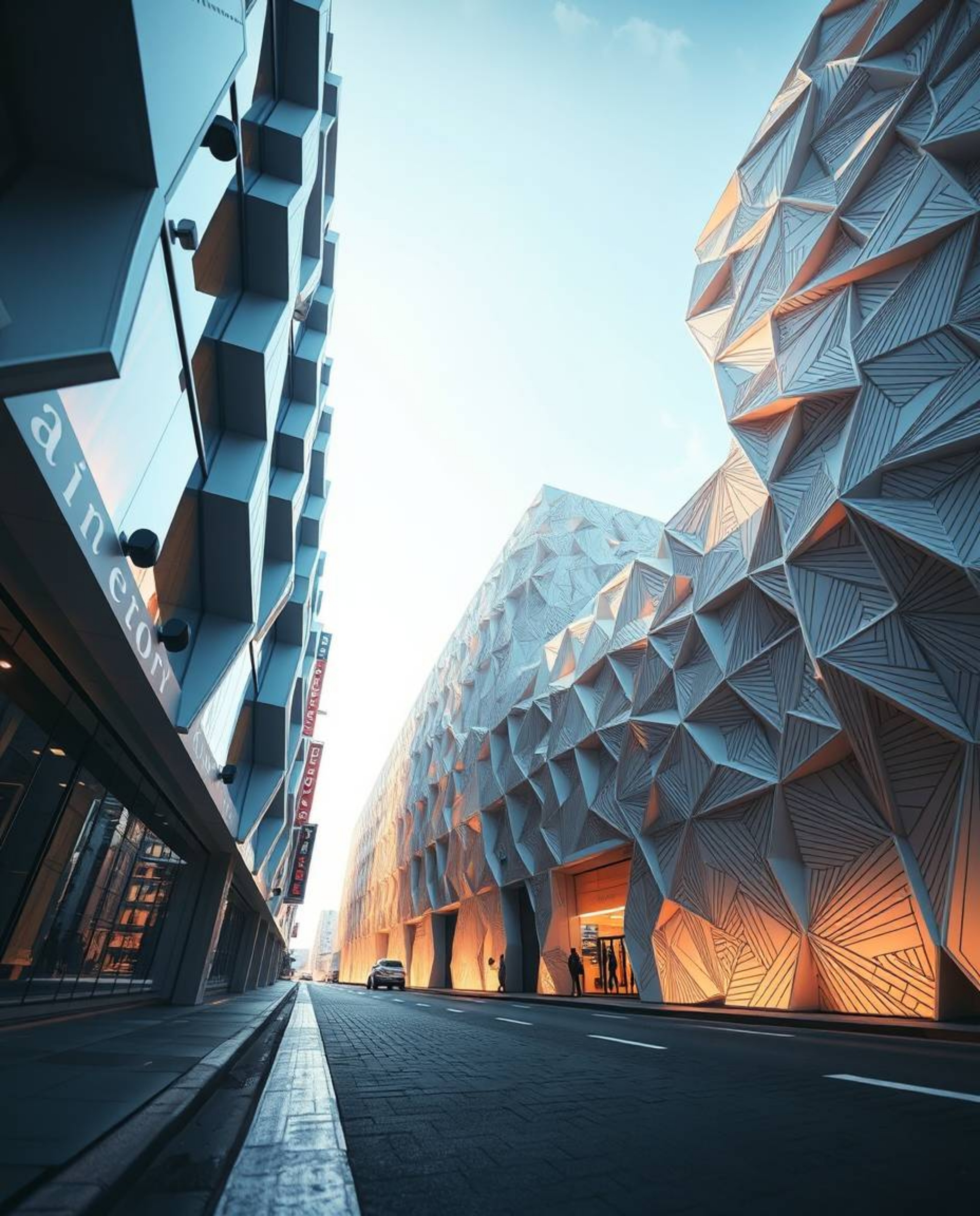 Discover a captivating surreal street scene featuring creatively lit, folding buildings and abstract patterns. This low-angle