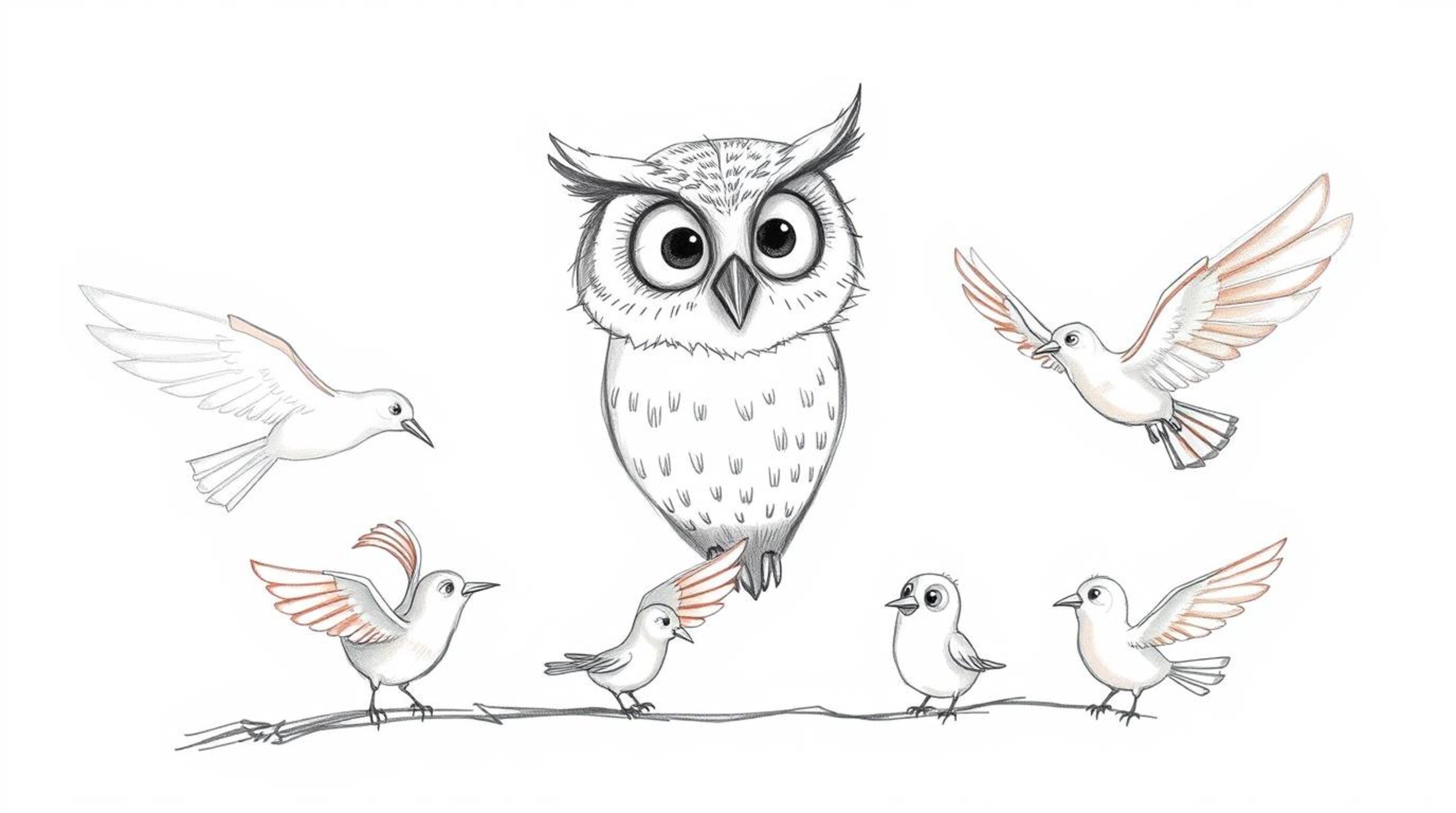 A heartwarming, Pixar-inspired sketch depicts a gentle, blind owl patiently teaching birds how to fly.  The birds are engross