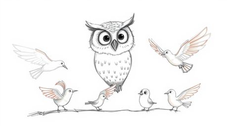 A heartwarming, Pixar-inspired sketch depicts a gentle, blind owl patiently teaching birds how to fly.  The birds are engross