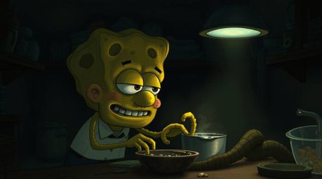 A mysterious sponge character is engrossed in cooking within a dark and unsettling underwater kitchen.  Illuminated by muted 