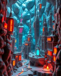 Immerse yourself in a mesmerizing sculptural clay artwork depicting a futuristic city trapped in glitch mode.  Flickering lig