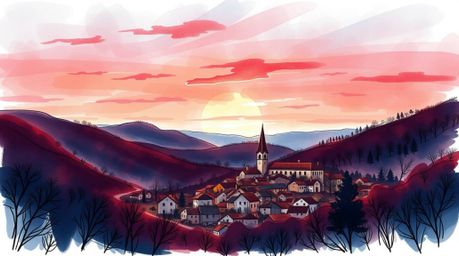A captivating hand-drawn sketch in a vibrant sketchnote style portrays a charming village nestled peacefully within a valley.