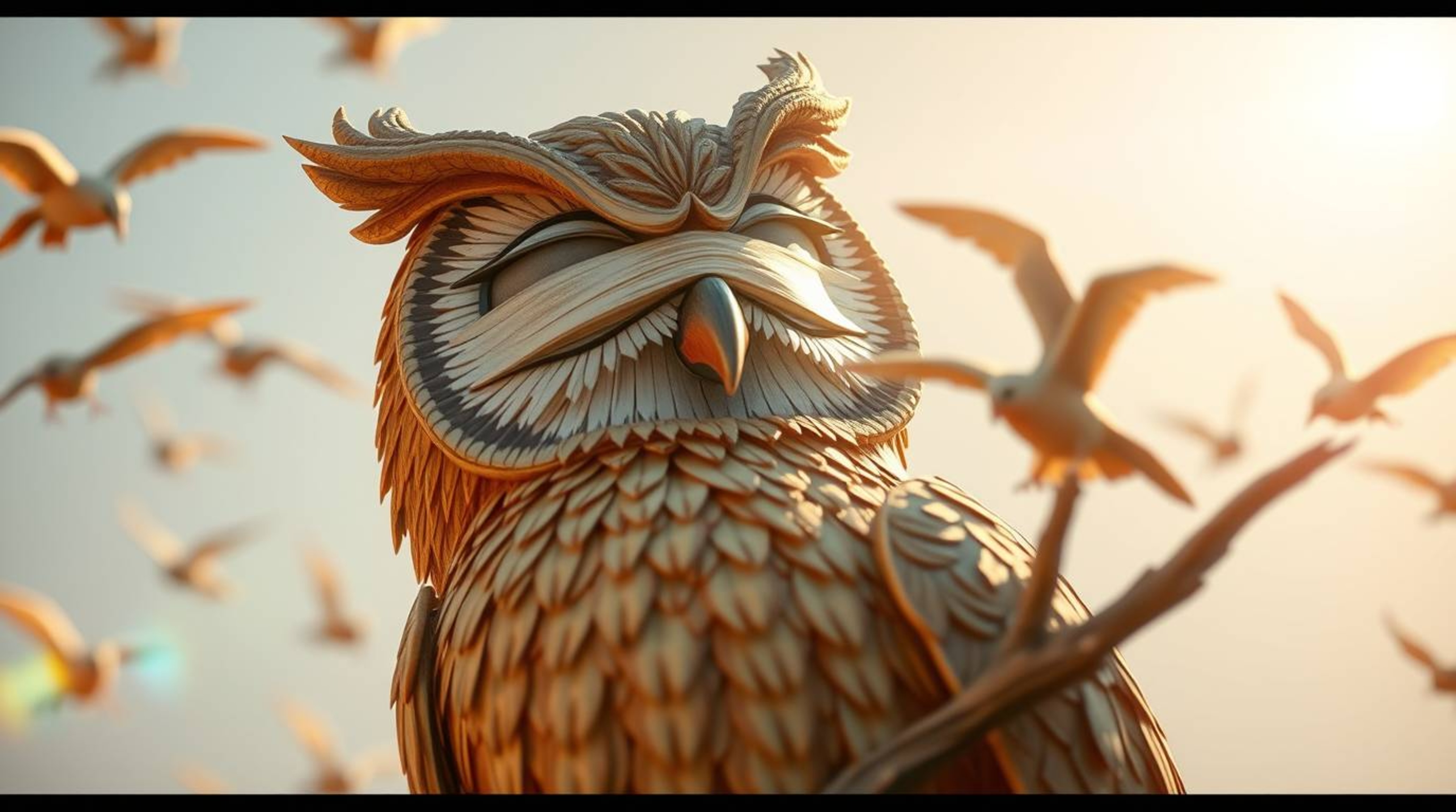 Experience the heartwarming tale of a blind owl, rendered in stunning Pixar style, who guides birds to fly.  This artwork fea