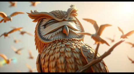 Experience the heartwarming tale of a blind owl, rendered in stunning Pixar style, who guides birds to fly.  This artwork fea