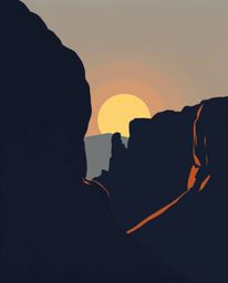 A modern flat design illustration captures sandstone cliffs illuminated by sunset, employing strong chiaroscuro lighting to c
