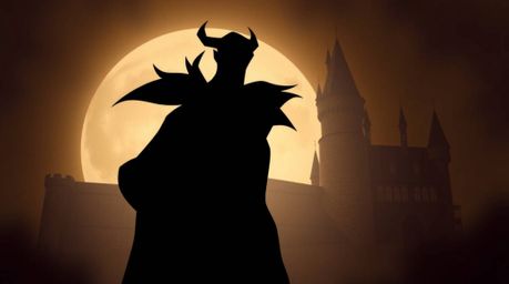A captivating image of a silhouetted Disney villain, sharp features and dark clothing contrasting against an old castle backd