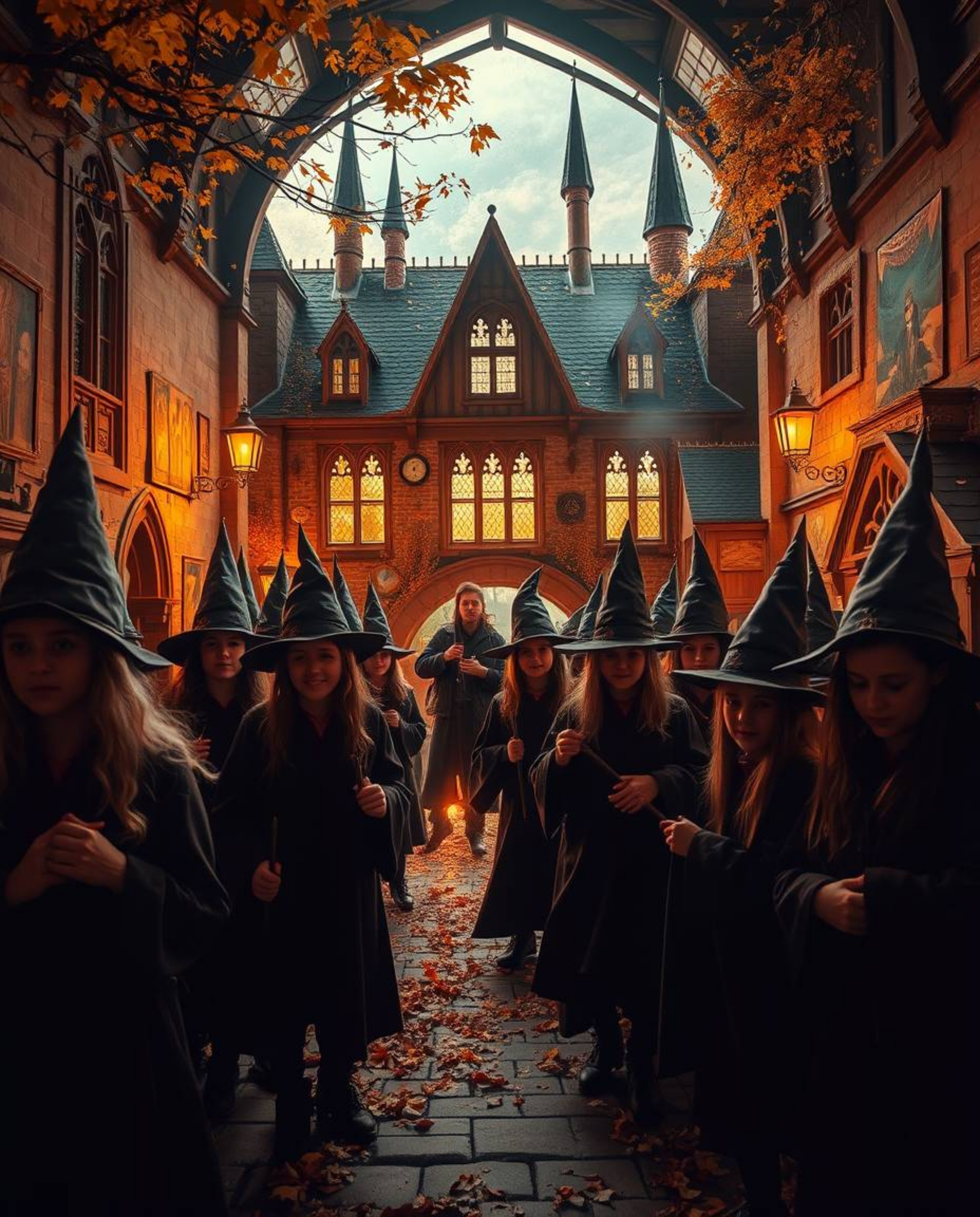 Immerse yourself in a magical school brimming with young wizards, bathed in the warm hues of autumn. Experience a dramatic an