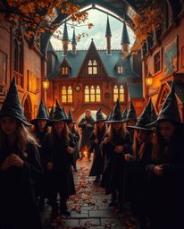 Immerse yourself in a magical school brimming with young wizards, bathed in the warm hues of autumn. Experience a dramatic an