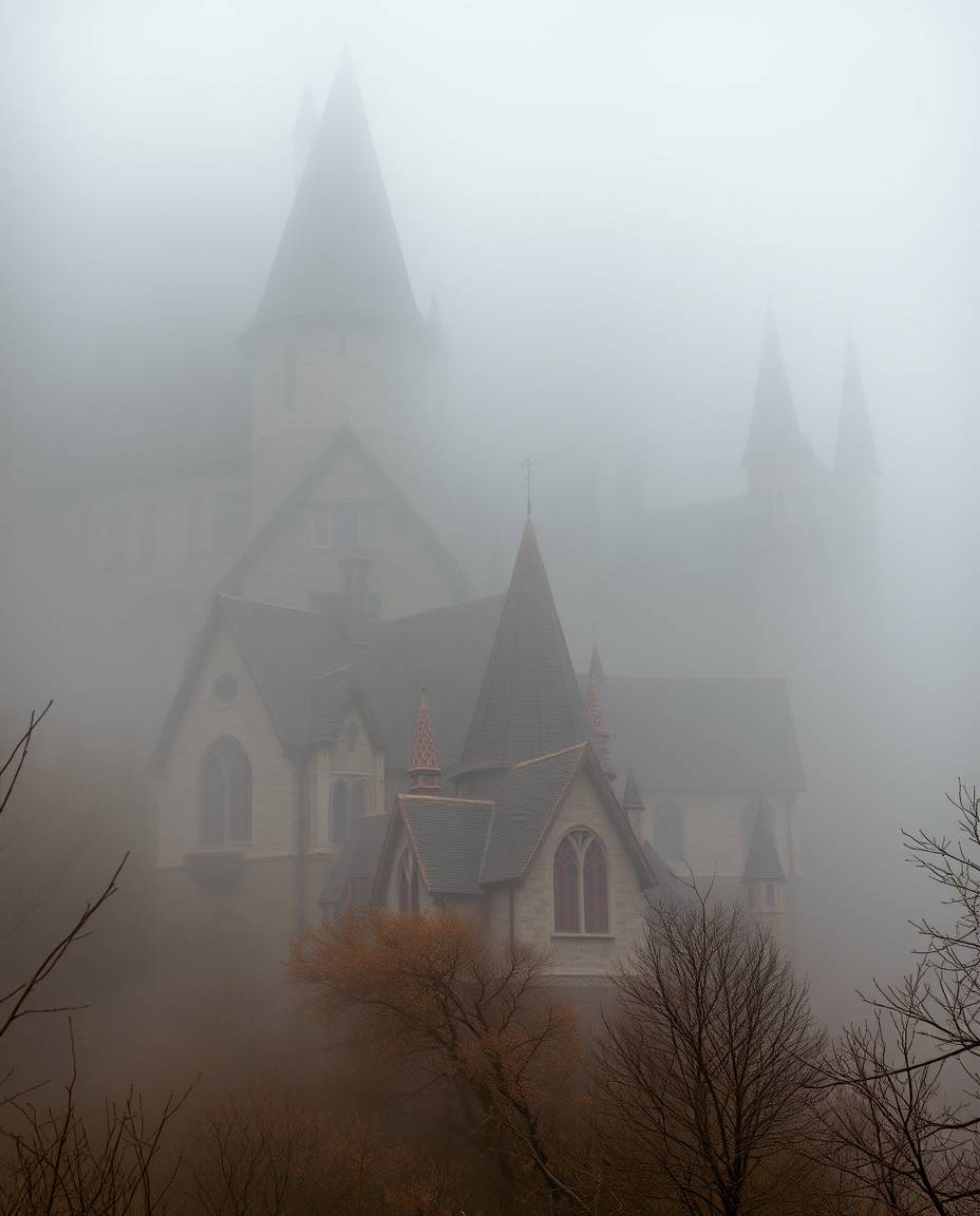 Discover a captivating image of a magical school nestled in thick fog, rendered in natural earth tones.  Young wizards inhabi