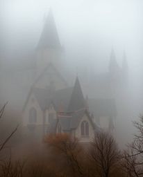 Discover a captivating image of a magical school nestled in thick fog, rendered in natural earth tones.  Young wizards inhabi
