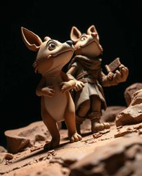 A captivating low-angle shot of a sculptural clay artwork depicts a talking animal sidekick assisting a hero on their epic qu