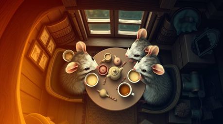 A charming overhead bird's-eye view captures the scene of anthropomorphic mice enjoying a delightful tea party within a cozy 