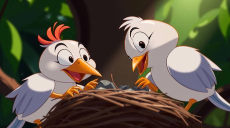 A delightful scene depicts two vintage cartoon birds meticulously constructing their nest. Crafted in a retro animation style