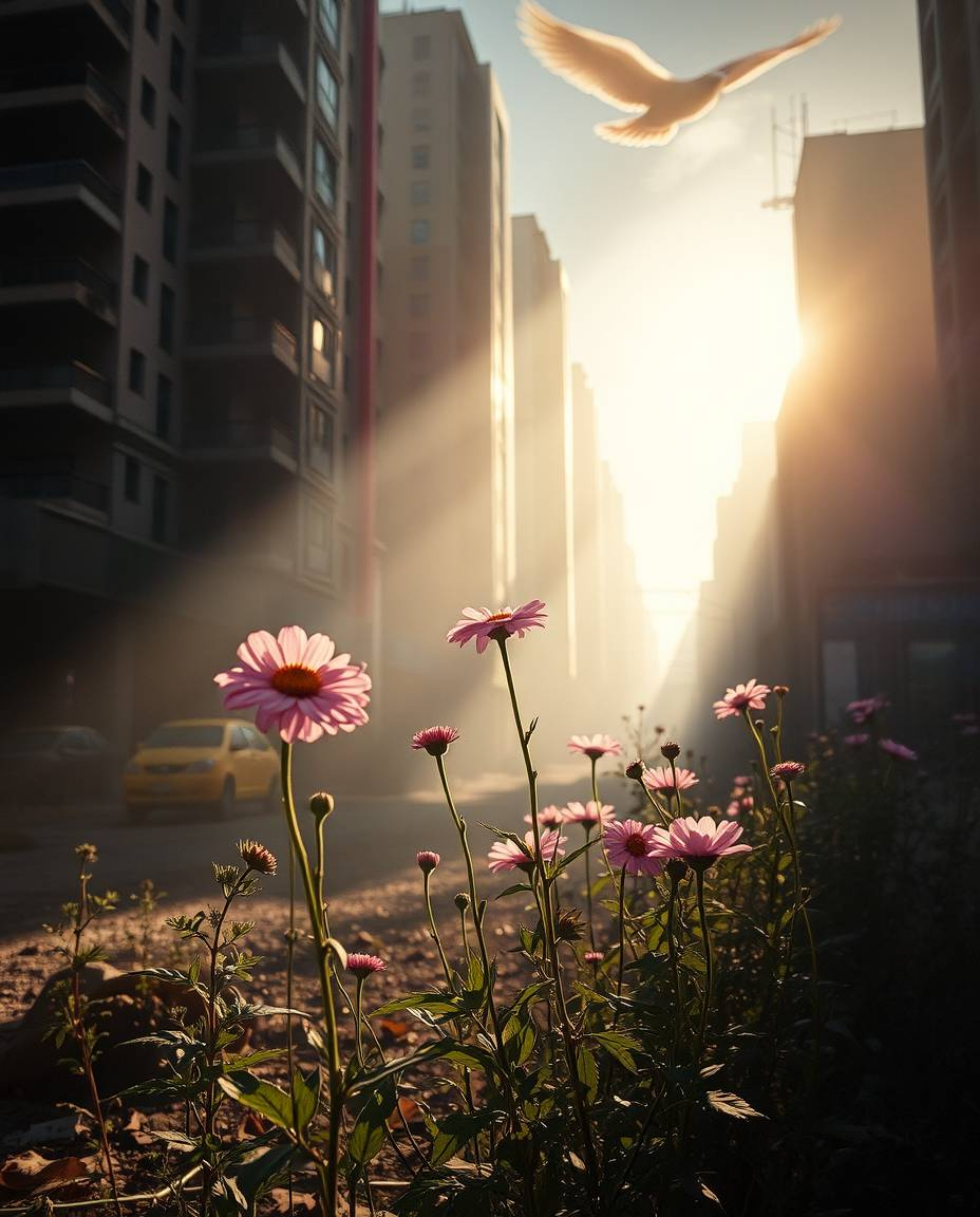 A captivating image depicting vibrant flowers blooming amidst the ruins of a post-apocalyptic city, bathed in soft, diffused 