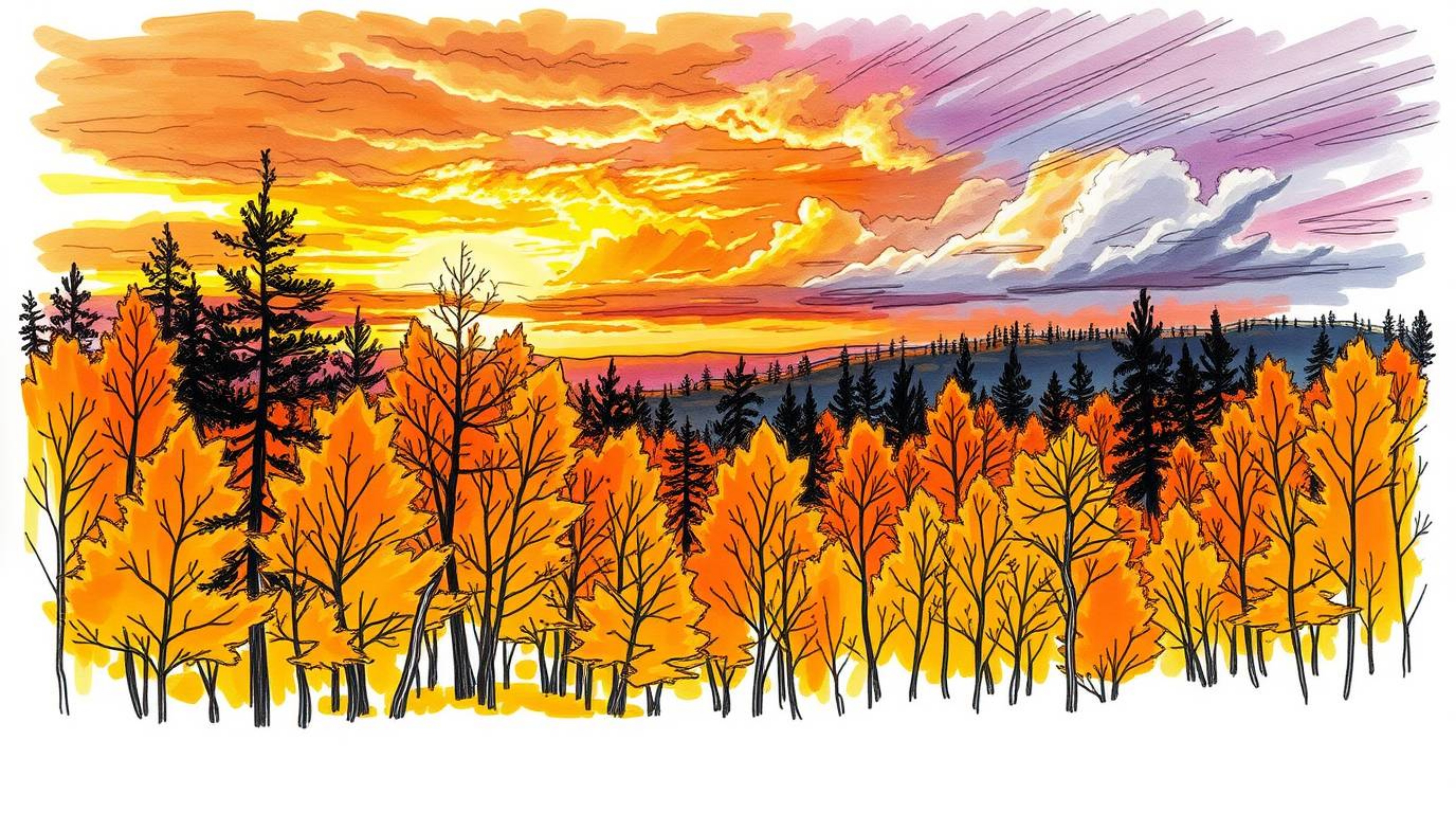 Explore a hand-drawn sketchnote depicting an autumn forest ablaze with golden leaves, dramatically illuminated by a vibrant s