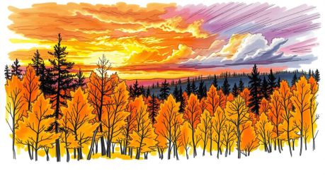 Explore a hand-drawn sketchnote depicting an autumn forest ablaze with golden leaves, dramatically illuminated by a vibrant s