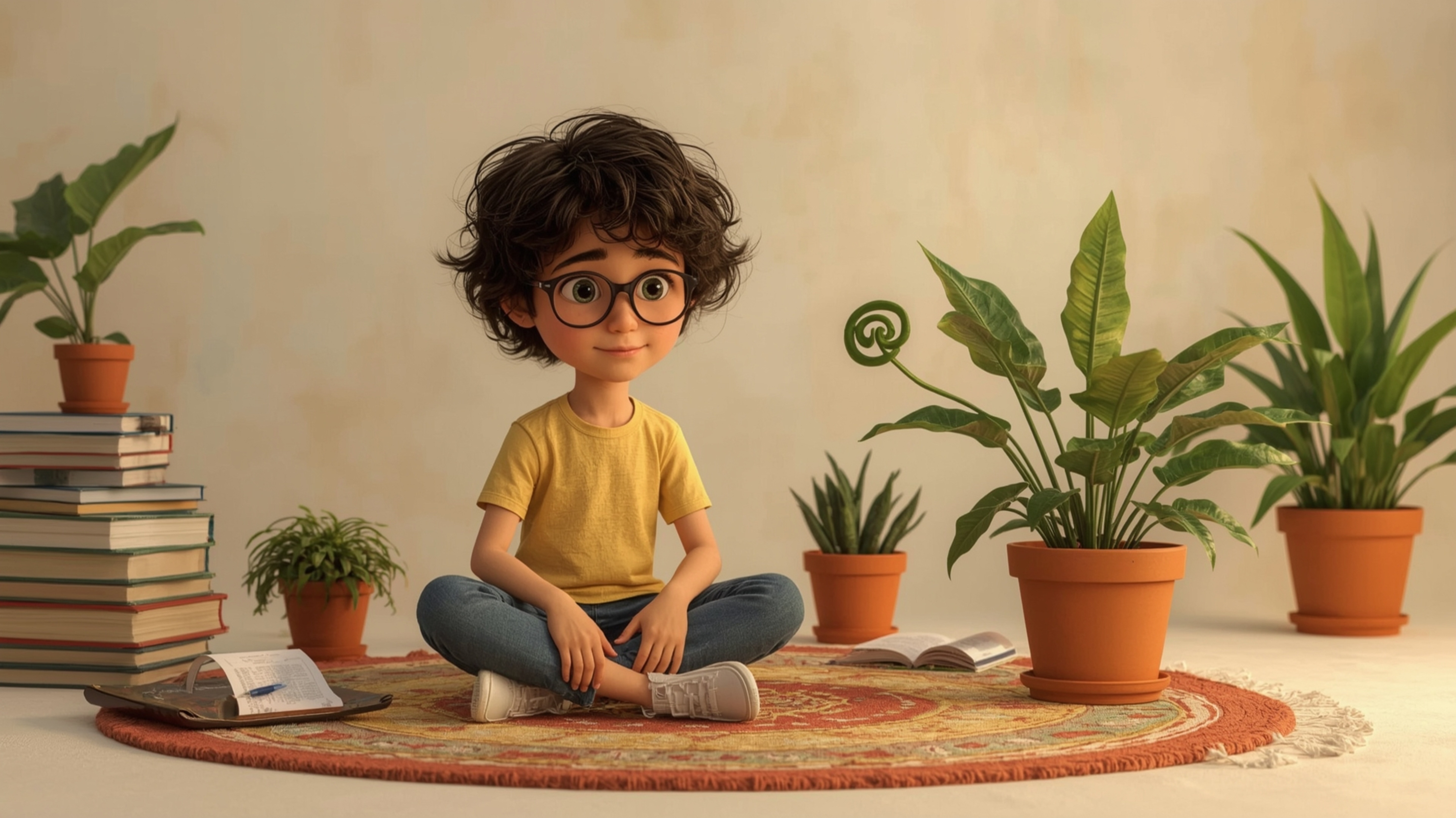 a vibrant, whimsical photograph reminiscent of Pixar's style, featuring a homeschooled genius, a bespectacled adolescent with
