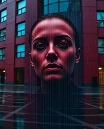 Stunning architectural color photography featuring rich burgundy and deep blue hues in a wet, rainy scene.  A captivating dig