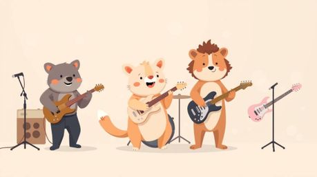 A charming illustration depicts a band of cartoon animals rocking out!  Rendered in a soft, dreamy, modern flat design with p