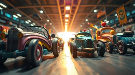Experience a wild and wacky racing scene featuring outlandish cars sculpted from layered papier-mâché material, bursting with