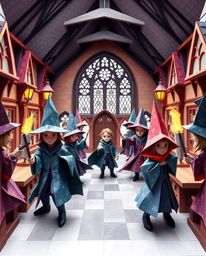 Explore a magical school teeming with young wizards, brought to life in a dynamic and intricate origami style. This artwork b