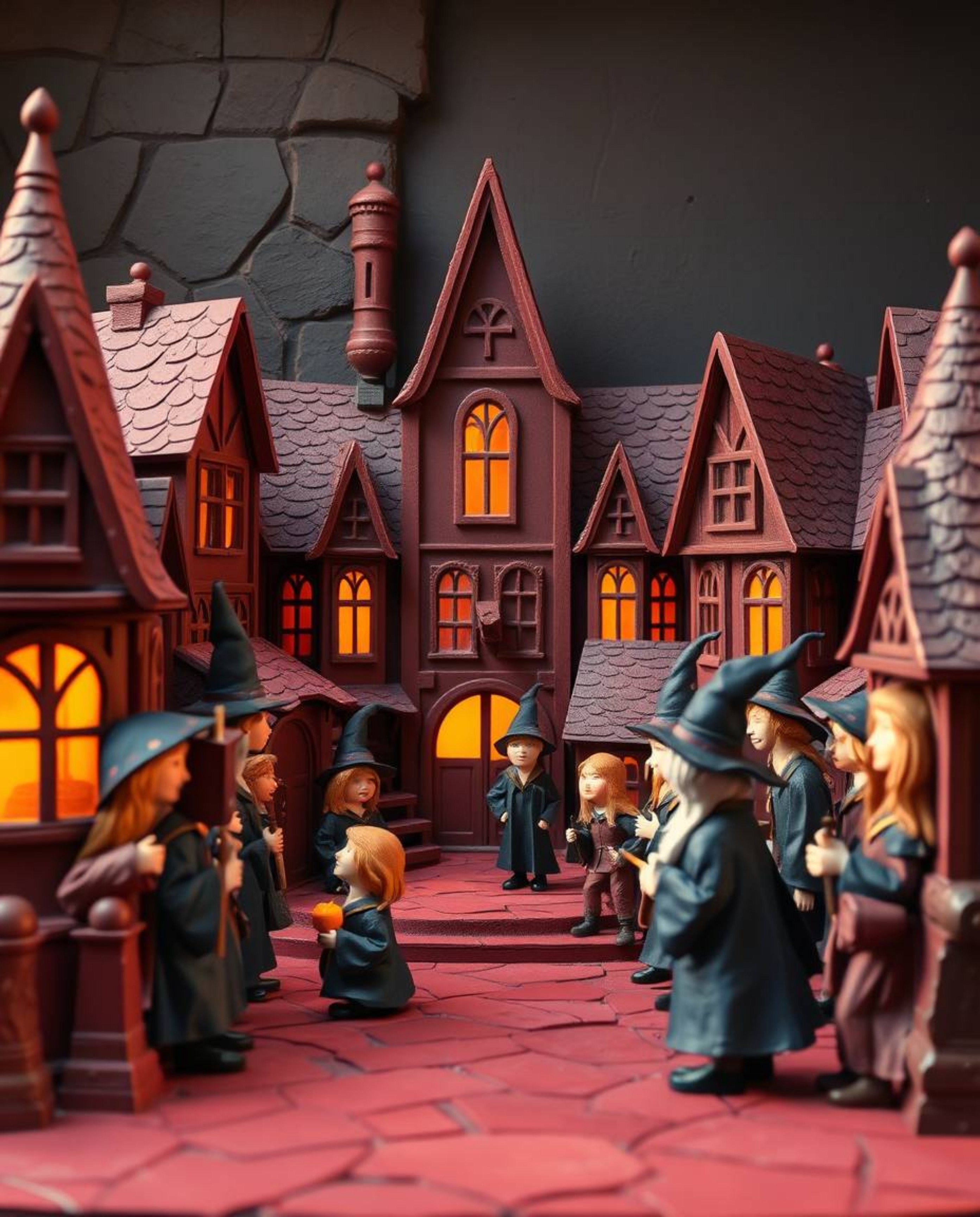 Discover a breathtaking, handcrafted papier-mâché wizarding school.  Rich burgundy and deep blue hues are bathed in warm gold