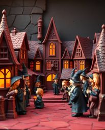 Discover a breathtaking, handcrafted papier-mâché wizarding school.  Rich burgundy and deep blue hues are bathed in warm gold