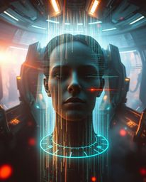 Explore a modern future where a human face seamlessly glitches into a data stream, bathed in lens flares and set within a mys