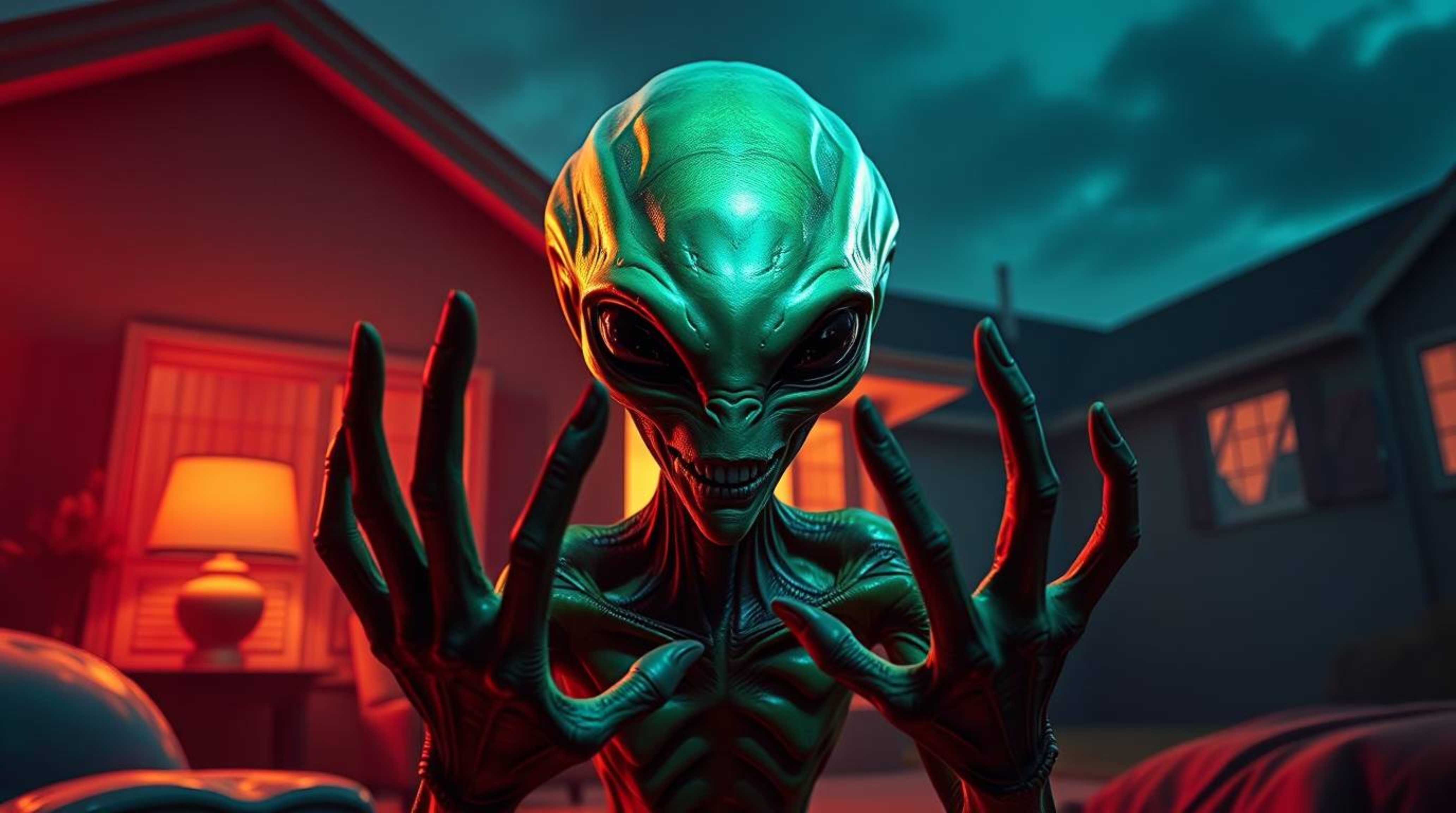 Immerse yourself in a grand, epic scene depicting an alien with iridescent green skin and three-fingered hands residing withi