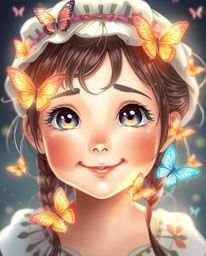 A captivating image of an adorable girl with bright eyes and a sweet smile releasing butterflies into the air. The artwork fe