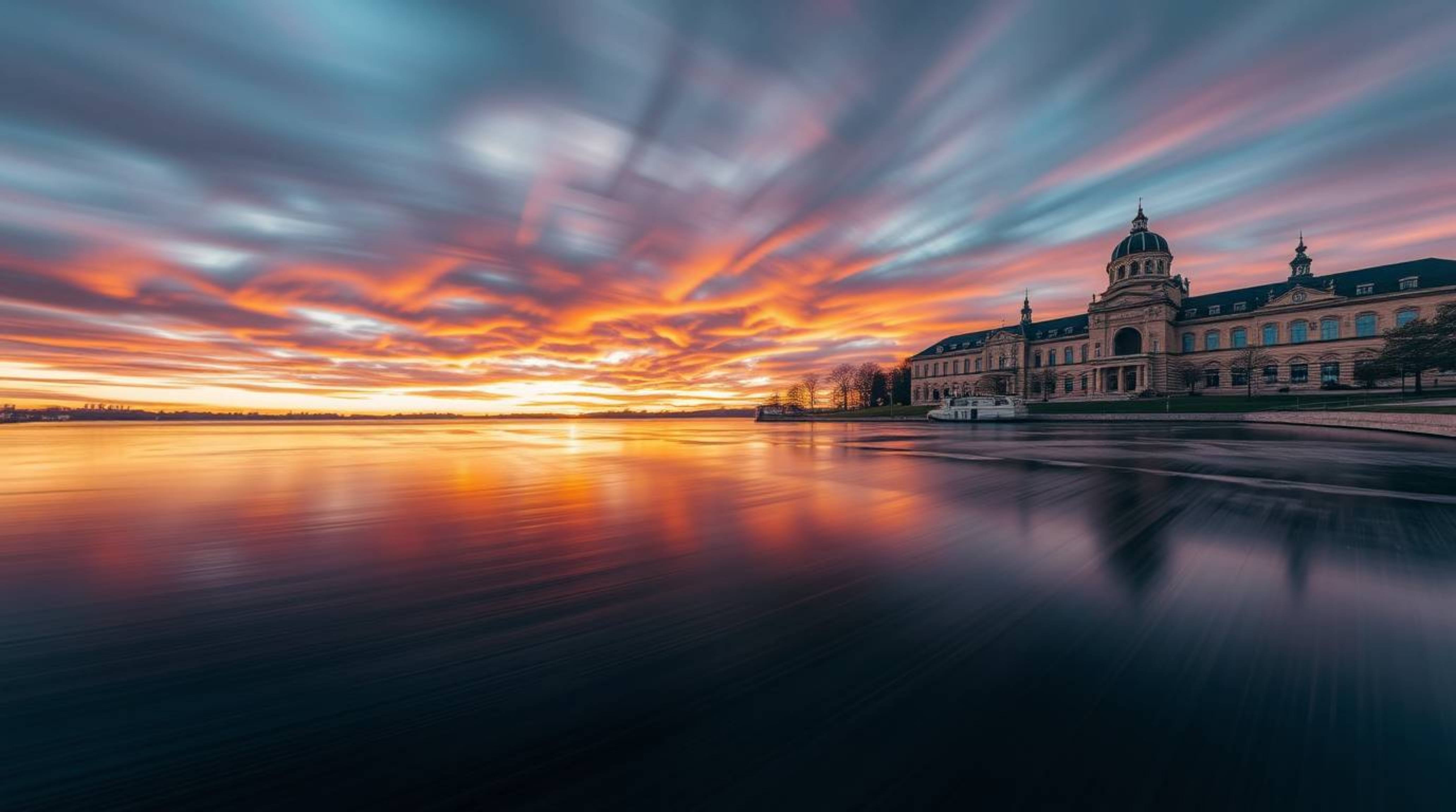 Capture the beauty of architectural design reflected in a serene lake during a vibrant sunset. This photograph showcases dyna