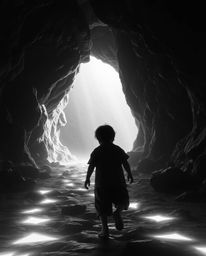 An epic black and white scene depicts a child with dark hair following glowing footsteps into a massive cave. The image is ti